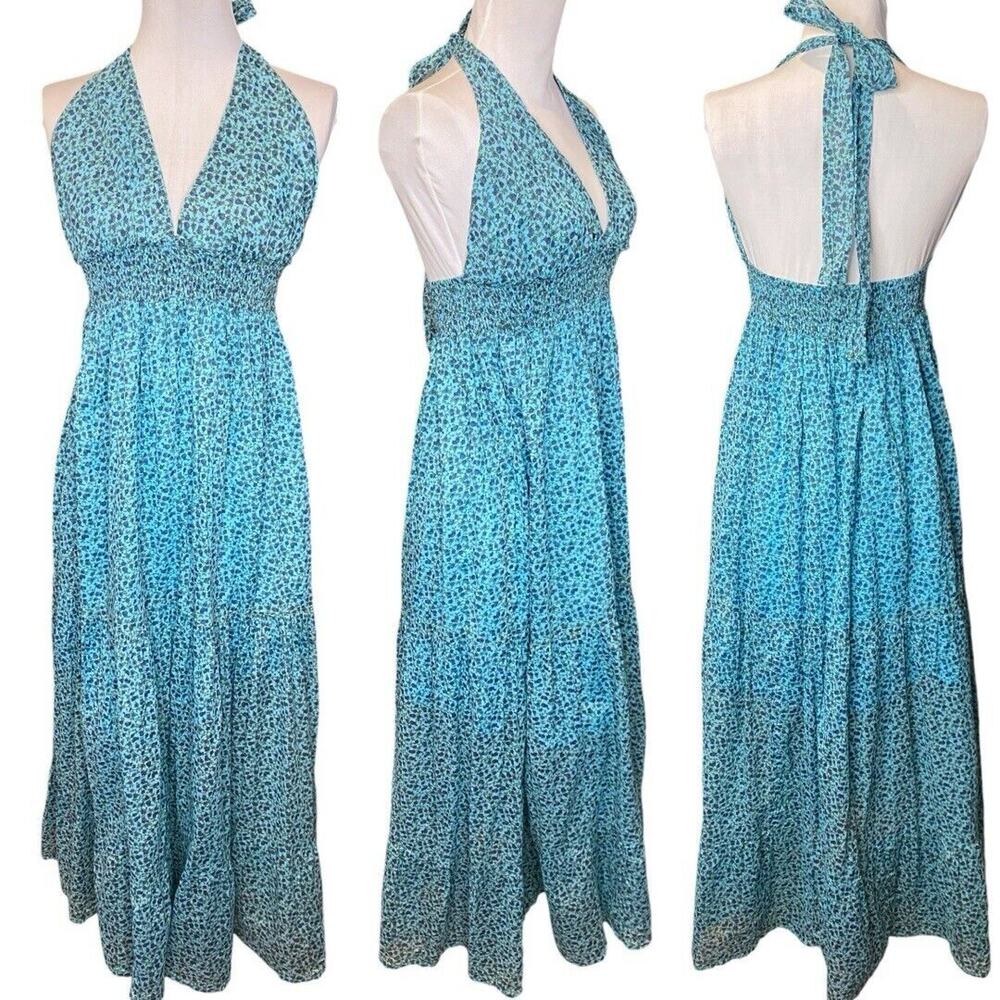 Sapogee Blue Halter Maxi Sun Dress ditsy floral size xl